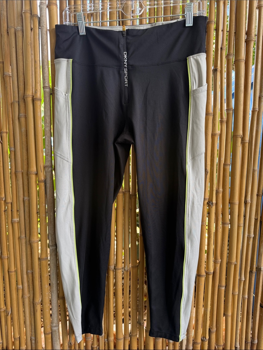 DKNY Sport Black Leggings with Gray Side Panels and Neon Yellow Trim